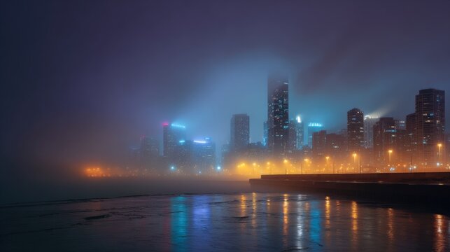 Night cityscape shrouded in fog illuminated skyscrapers reflected in calm water