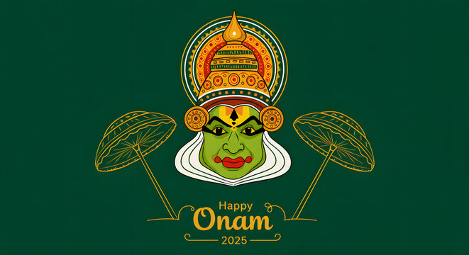 Happy onam 2025 greeting card kathakali mask umbrella illustration festival background design kerala culture tradition vector art holiday banner