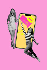 Vertical 3d poster art collage of happy girl guy stand phone send message bubble communication interface sms chatting dialogue