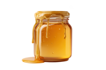 Jar overflowing with golden, viscous honey, dripping down the sides