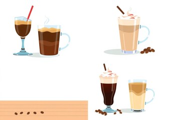 Obraz premium Set of four flat vector illustrations of iced coffee, coffee cream, and cold brew in cups, ice, clipart