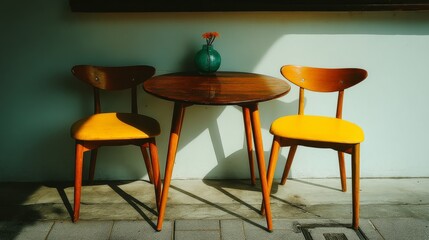 Fototapeta premium Two orange chairs with brown backrests surround a circular wooden table featuring a teal vase with red flowers.