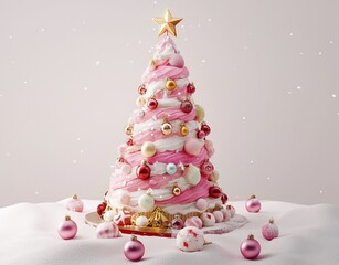 A whimsical Christmas tree made of gourmet meringues and festive ornaments on a snowy backdrop