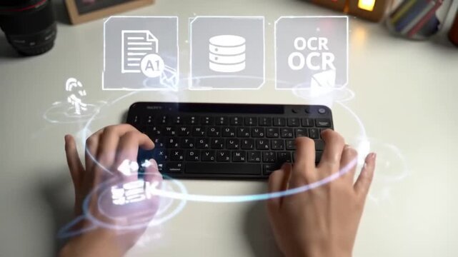 Hands Typing on Keyboard with Holographic Data Processing and OCR Icons Digital Workflow Automation