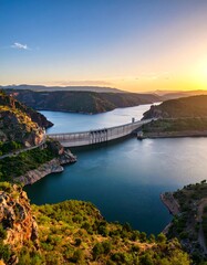 Scenic dam at sunset over a reservoir