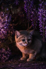 Obraz premium Golden Cat Under Wisteria Blossoms at Dusk