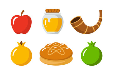 Holiday foods and symbols, honey jar apple pomegranate shofar round challah fish, new year vector pack