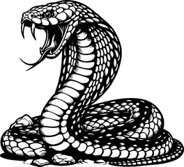 Fototapeta premium A striking black and white illustration of a menacing cobra with its hood flared and fangs bared, ready to strike.