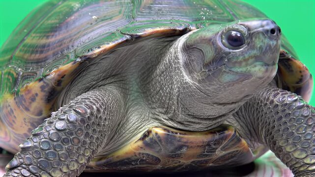 Close-up of a turtle with a patterned green shell and textured skin against a vibrant green background