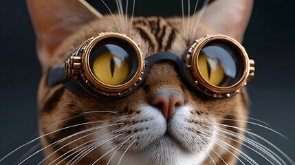 Curious cat wearing steampunk-style goggles