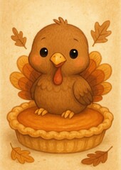 Cute turkey atop pumpkin pie.