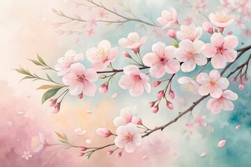 Obraz premium Soft pastel watercolor background with blooming cherry blossoms and delicate brush textures, elegant abstract floral art for design projects