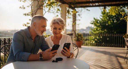 Photo of senior couple enjoying digital content together on smartphone at outdoor caf