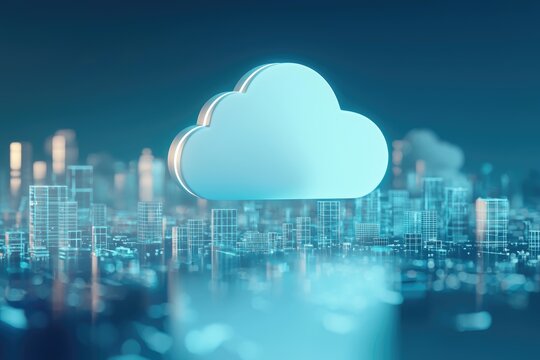 Futuristic 3D cloud icon glowing above digital city wireframe, symbolizing cloud computing, data storage, and technology, perfect for IT presentations, innovation, and business solutions