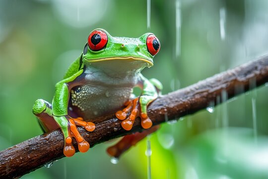 A vibrant red-eyed tree frog perches on a branch during rainfall in a lush green rainforest setting. - Powered by Adobe