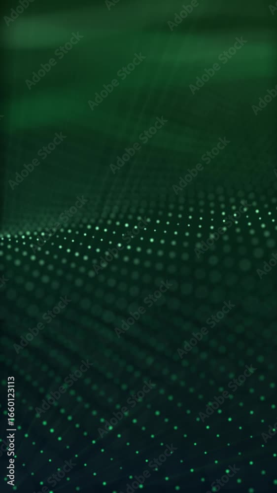 Wall mural this abstract artwork displays a wave-like pattern of luminous dots against a dark green background.