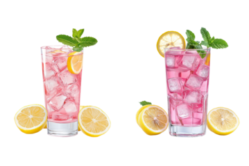 Summer Pink Lemonade Beverage with Ice Cubes and Lemon Slices PNG