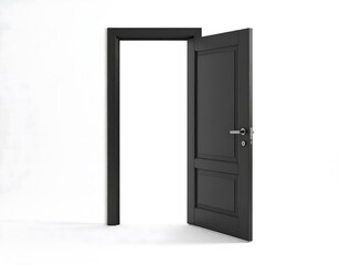 A photorealistic mockup of a single modern black door standing slightly ajar, isolated on a clean white background, symbolizing an opportunity.