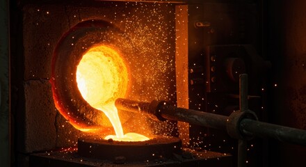 Molten metal pouring from crucible into mold, industrial furnace, sparks, heat, glowing.