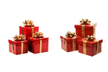Three Red Gift Boxes with Golden Ribbon Bows set PNG Transparent Background. Holiday Red Gift Package Set with Gold Bows.