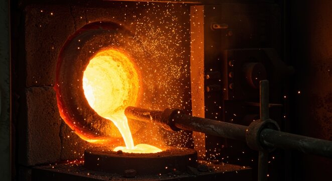Molten metal pouring from crucible into mold, industrial furnace, sparks, heat, glowing.