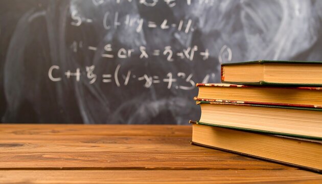 Stack of books on a wooden table in front of a chalkboard with equations