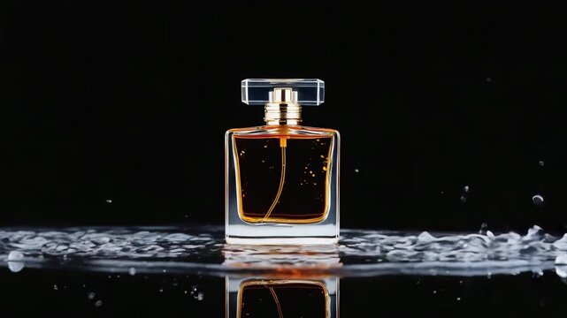 Amber perfume bottle with dynamic water spalshes.