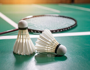 Close-up of Shuttlecocks and Badminton Racket on a Court