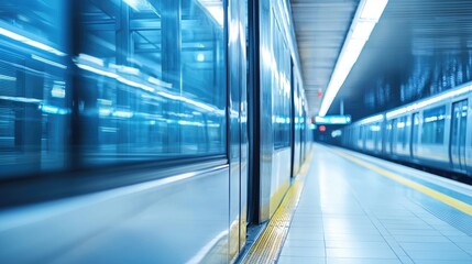 Fototapeta premium A close-up of a subway train door shutting as blurred station tiles and platform edges are seen before the train departs.