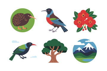 New Zealand bird and scenery set, songbird on branch, volcano mountain and lake, native flora, travel poster elements, vector clipart, tourism graphics, nature adventure design