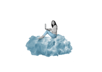 A young businesswoman sits on a cloud high, working on her laptop, isolated on free png background