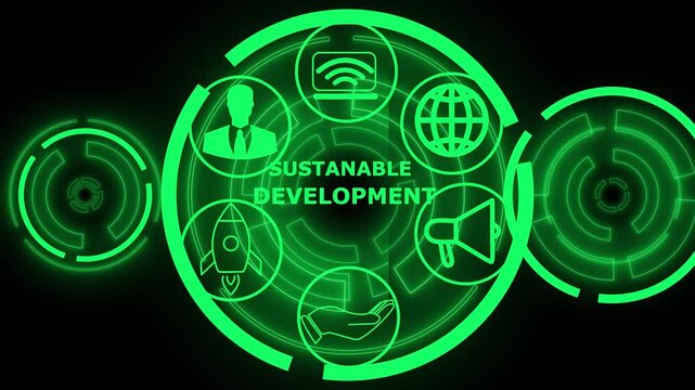 SUSTAINABLE DEVELOPMENT inscription, cloud technology concept. Business, Technology, Internet and network concept ,Abstract technology symbols. performance metrics, and business insights from large...