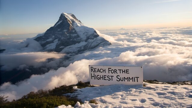 Inspirational Mountain Summit with Sign Against Dramatic Sky