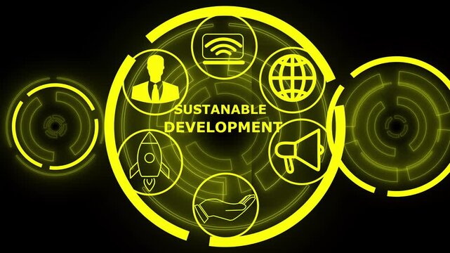 SUSTAINABLE DEVELOPMENT inscription, cloud technology concept. Business, Technology, Internet and network concept ,Abstract technology symbols. performance metrics, and business insights from large...