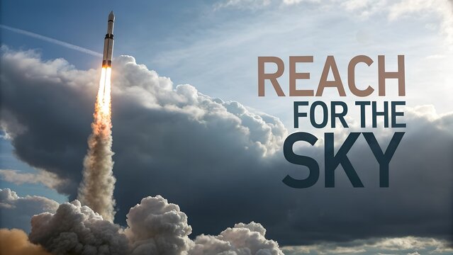 Rocket Launch Against Cloudy Sky with Inspirational Text Overlay
