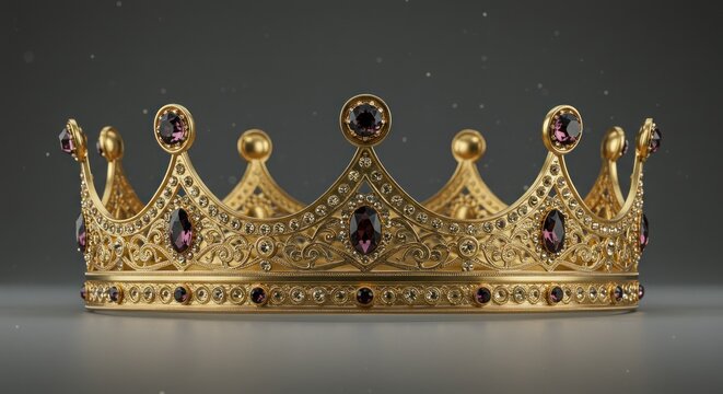 Ornate gold crown adorned with purple jewels, floating against a gray backdrop. - Powered by Adobe