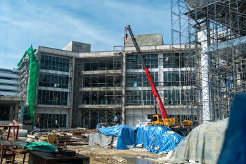 Construction Site with Crane and Scaffolding