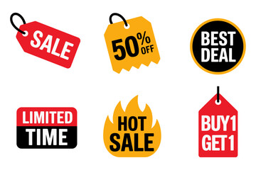 Sale labels set, price tags and badges, limited time offer, hot sale, best deal sticker, buy one get one, marketing vector icons, retail promotion graphics