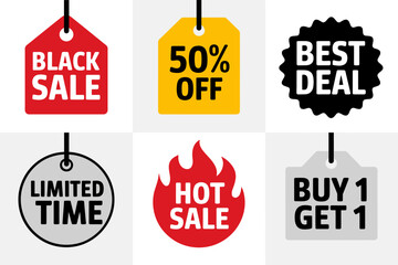 Black sale badges, discount stickers, fifty percent off, best deal icons, limited time, hot sale, buy one get one, marketing vector set, retail promotion graphics