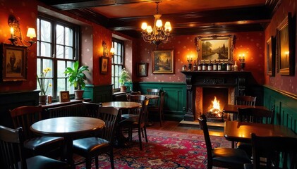 Cozy English pub interior, warm lighting, dark wood tables and chairs, fireplace, traditional decor, inviting atmosphere , cozy, stone, drinks menu