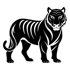 Stylized black tiger illustration with white stripes and yellow eyes