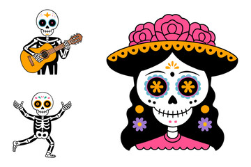 Catrina face and skeleton, flower crown details, smiling calavera portrait, day of the dead art, festival vector illustration, cute icon