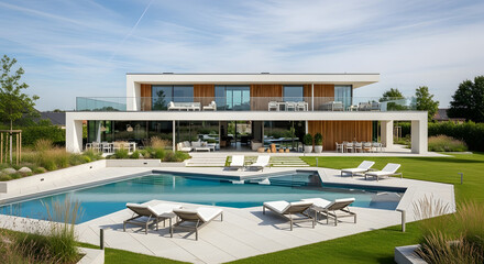 Fototapeta premium Modern house with swimming pool and garden on a sunny day in summer