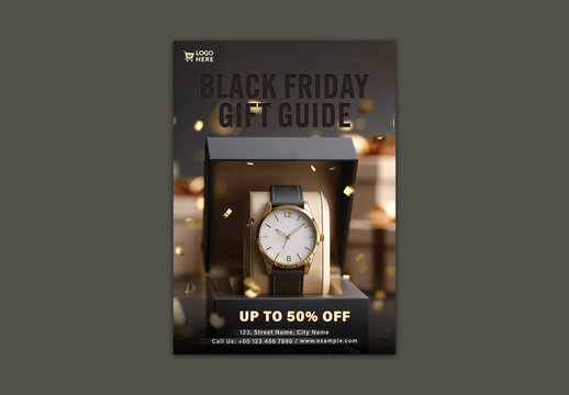 Black Friday Gift Guide Flyer with Luxury Watch and Discount Offer for Men's Fashion or Premium Accessory Promotion, Editable Design.