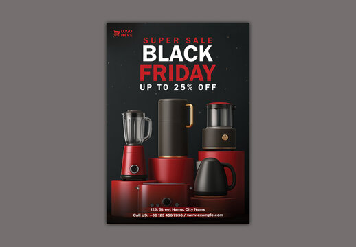 Black Friday Super Sale Flyer with Kitchen Appliances for Home and Electronics Promotion, Editable Design.