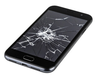 Smartphone with Damaged Display and Spiderweb Cracks Isolated on Transparent Background PNG