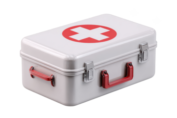 White first-aid kit with red cross symbol. Contains supplies for emergencies