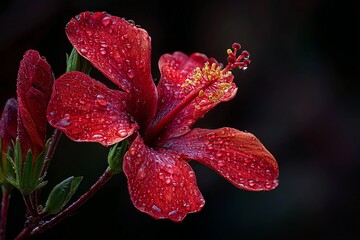 A close-up shows a red flower with water droplets on its petals.
