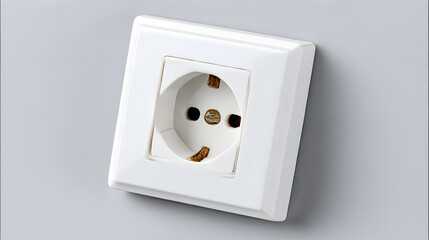 Single white European wall socket isolated on soft background. Modern electrical power outlet element for energy connection, interior design, electricity supply, household and office use.
