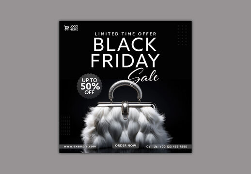 Black Friday Sale Social Media Post with Stylish Furry Female Purse for Fashion Accessory or Boutique Promotion, Editable Design.